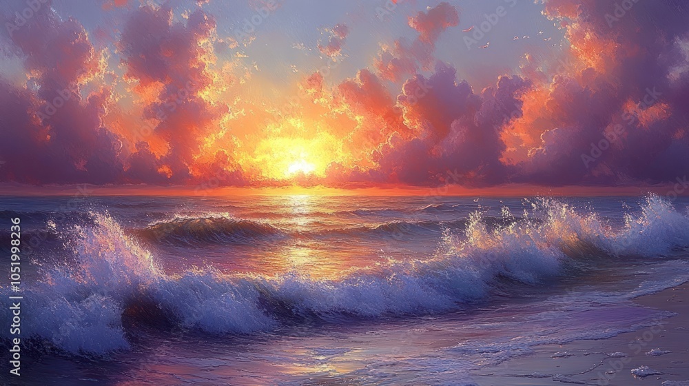 Fototapeta premium Dramatic Sunset Over the Ocean with Crashing Waves