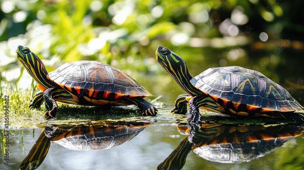 Two painted turtles basking in the sun by the water Two painted turtles basking in the sun by the water