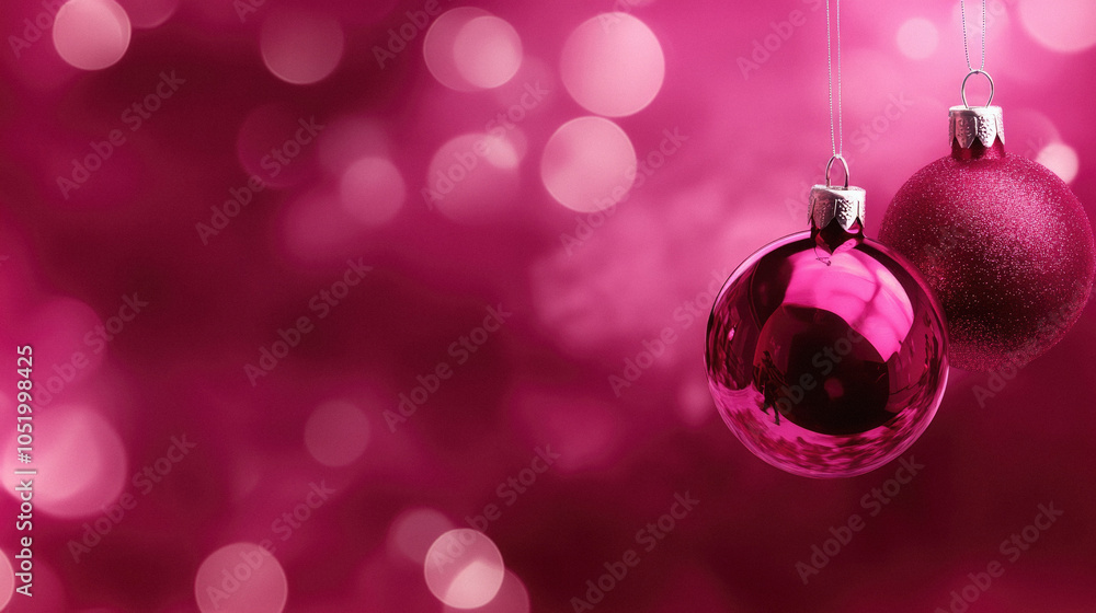 Fototapeta premium A pink background with two red Christmas ornaments hanging from it. The background is blurry and the ornaments are shiny
