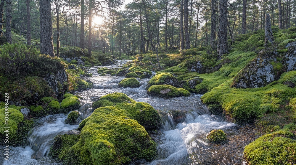 Obraz premium Stream Flowing Through a Lush Green Forest