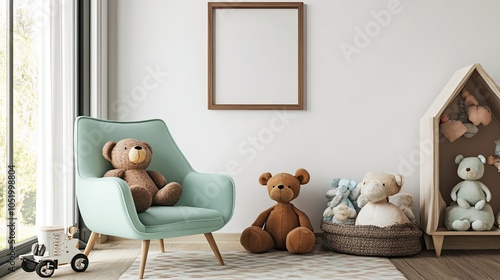 Cozy childa??s room with mint armchair, brown mock-up poster frame, toys, teddy bear, plush animals, and decoration. White wall photo