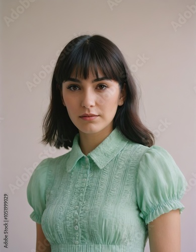 A young woman with expressive eyes wearing a vintage mint green dress, exuding calm and confidence. photo