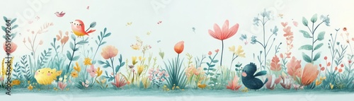 A whimsical illustration of colorful flowers and playful animals in a serene garden setting.