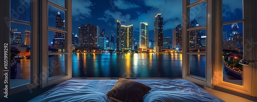 Nighttime bedroom, open window with city view, modern Bangkok skyline, glowing skyscrapers, water reflections, bed visible.