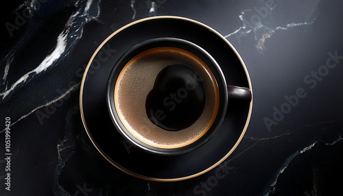 Hot black coffee in black ceramic cup Top view of a freshly brewed cup of black coffee, with bubbles showing the intense aroma. background concept isolated dark black background