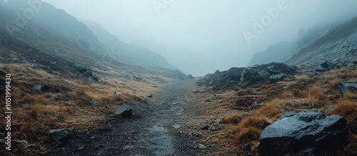 Landscape Photography Of Mountains In The Fog Trekking Hiking Stones Rocks Path photo