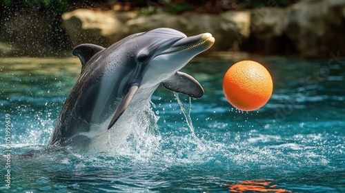 A dolphin joyfully interacts with a ball in the water highlighting its playful spirit and enjoyment of summer activities photo