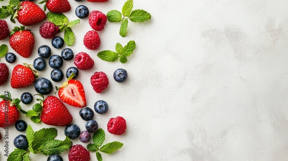 A white surface is adorned with an assortment of berries including red strawberries blueberries and raspberries complemented by fresh mint leaves A white surface is adorned with an assortment of berries including red strawberries blueberries and raspberries complemented by fresh mint leaves