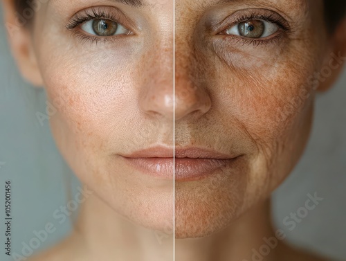 Closeup of a woman s face, half treated with antiaging serum, revealing smooth, wrinklefree skin The other half shows natural aging, highlighting transformation