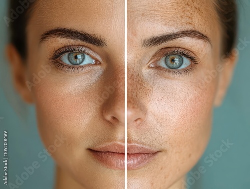 Closeup of a woman s face, half treated with antiaging serum, revealing smooth, wrinklefree skin The other half shows natural aging, highlighting transformation