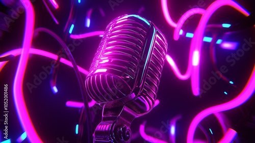Vintage-style microphone glowing in neon lights with a festive, colorful background.