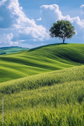 Green hills with a solitary tree under a blue sky and fluffy clouds during da...