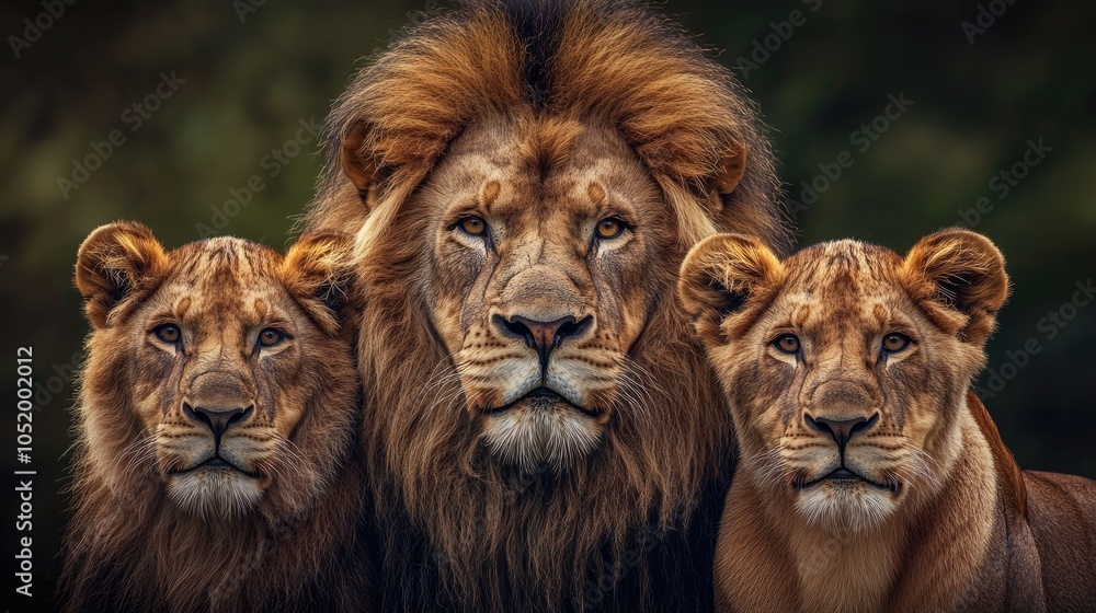 Portrait of three lions featuring a large lion and two younger ones showcasing their distinct expressions and features Portrait of three lions featuring a large lion and two younger ones showcasing their distinct expressions and features