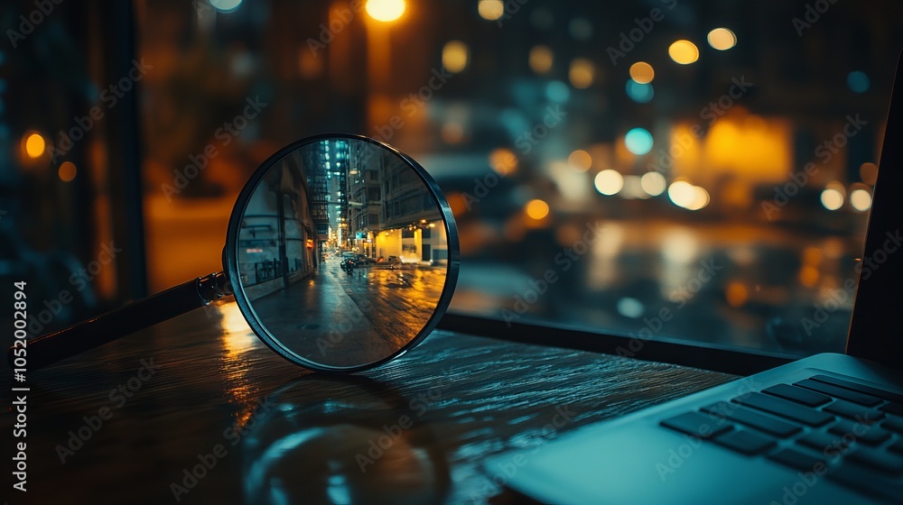Close-up of a magnifying glass reflecting a laptop screen on a wooden table. AI generated illustration Close-up of a magnifying glass reflecting a laptop screen on a wooden table. AI generated illustration