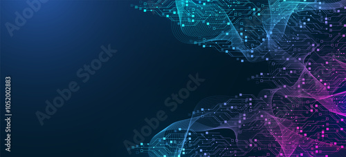 Artificial Intelligence with circuit electric line style. Digital futuristic machine learning design. AI graphic design for website, banner, header, social media, mobile app, UI. Vector illustration