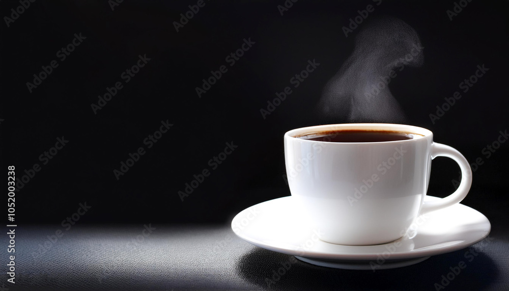 Hot black coffee in white ceramic cup on side position provides copy space for text. background concept isolated dark background Hot black coffee in white ceramic cup on side position provides copy space for text. background concept isolated dark background