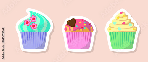 Stickers with sweets. Cute cupcakes in pastel colors. Vector