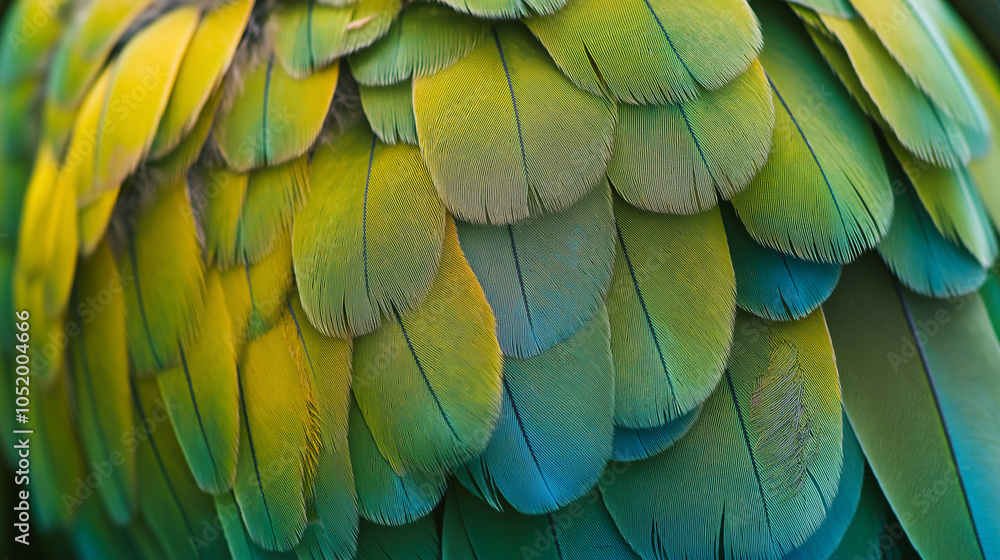 Obraz premium Close-up of layered, textured feathers with shades of green and a golden highlight.