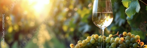 Glass of White Wine With Grapes on Wooden Table in Vineyard