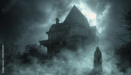 A Ghostly Figure Stands Before an Old House in the Fog at Night