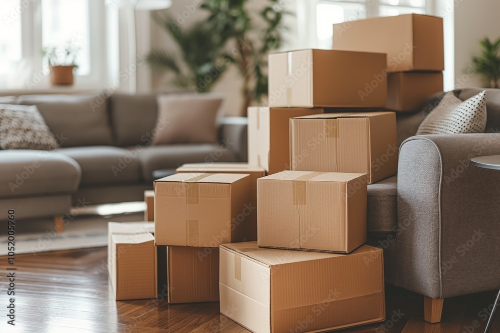 Cardboard boxes piled in a cozy living room, ready for a home move, sunlight streaming through windows. Cardboard boxes piled in a cozy living room, ready for a home move, sunlight streaming through windows.