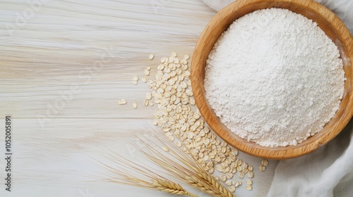 Bowl of flour on wooden surface with wheat and oats, neutral background. photo