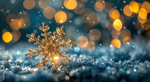 Golden Snowflake on Snowy Ground With Bokeh Lights