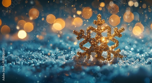 Golden Snowflake on Snowy Ground With Bokeh Lights