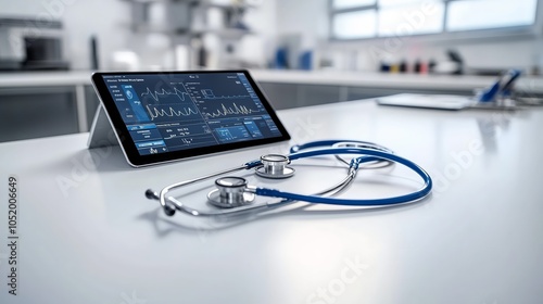 Stethoscope, tablet displaying medical data, hospital reception desk, modern sleek design. Ai generated  