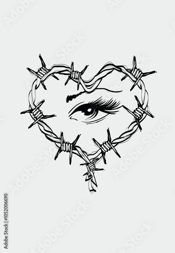 Vector Barbed wire heart with an eye in the center on a white background. Valentine's Day sketch.