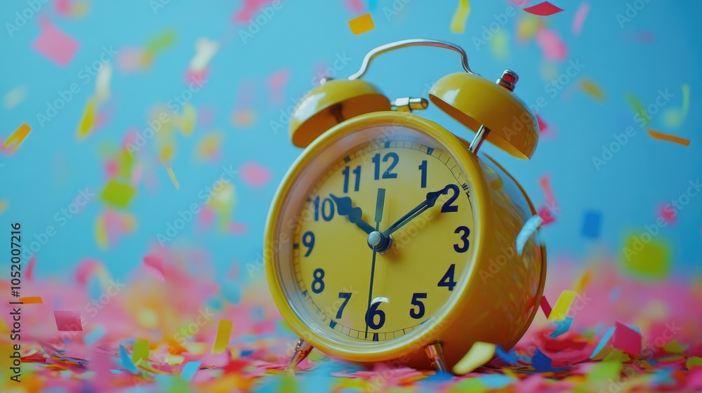 A nostalgic alarm clock adorned with vibrant confetti, representing the interplay between time and life's joyous moments in a colorful composition A nostalgic alarm clock adorned with vibrant confetti, representing the interplay between time and life's joyous moments in a colorful composition