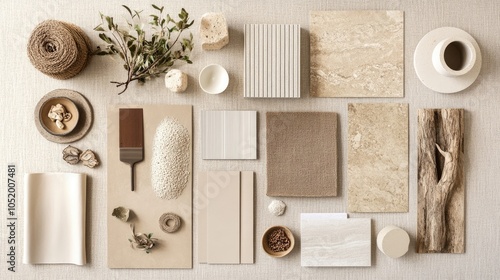Creative architect moodboard flat lay with samples of building materials, beige textile, natural materials, and personal accessories