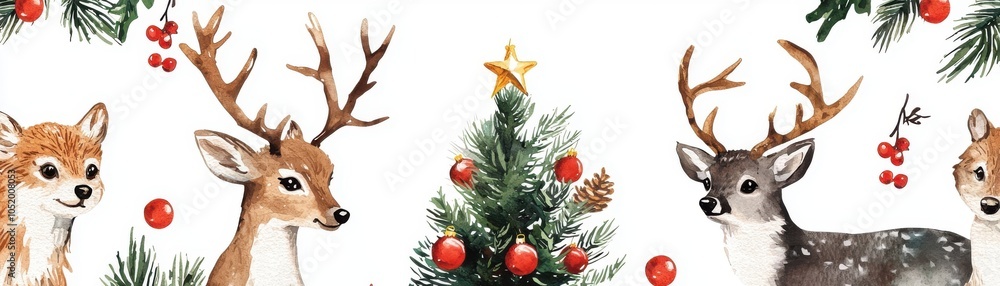 A festive scene featuring beautiful watercolor deer, pine branches, and a decorated Christmas tree. Perfect for holiday designs. A festive scene featuring beautiful watercolor deer, pine branches, and a decorated Christmas tree. Perfect for holiday designs.