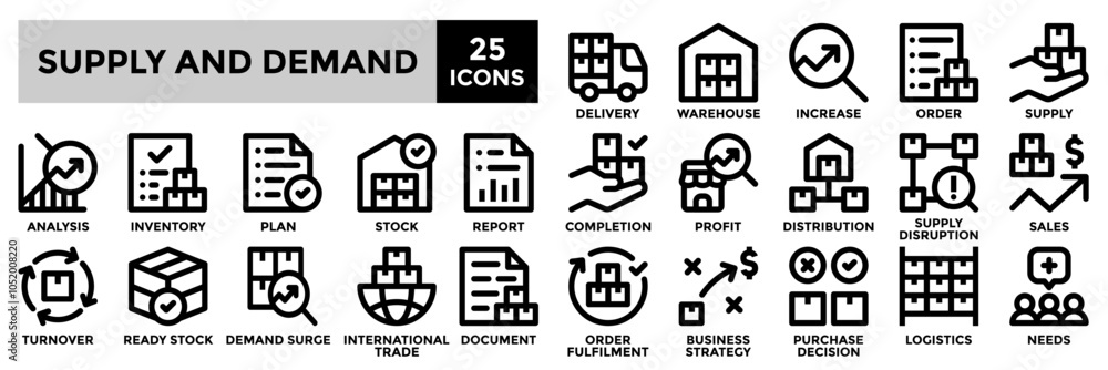 Supply and Demand icon collection set.Containing supply,demand,distribution,stock,delivery icon.Simple line vector illustration. Supply and Demand icon collection set.Containing supply,demand,distribution,stock,delivery icon.Simple line vector illustration.