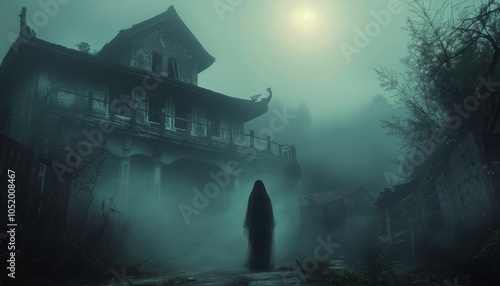 A Ghostly Figure Stands Before an Old House in the Fog at Night