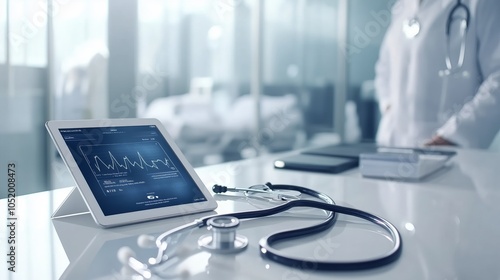 Stethoscope, tablet displaying medical data, hospital reception desk, modern sleek design. Ai generated  