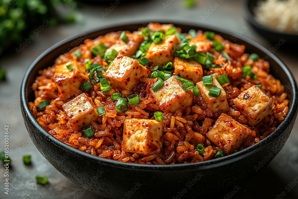 Spicy tofu with rice in a black bowl, garnished with fresh chives. Spicy tofu with rice in a black bowl, garnished with fresh chives.