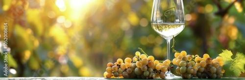 Glass of White Wine With Grapes on Wooden Table in Vineyard