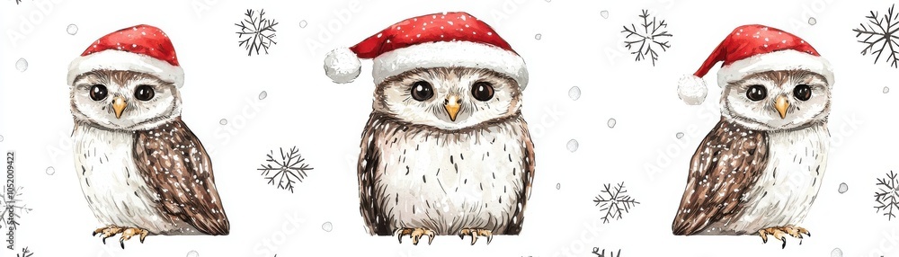 Charming illustration of owls wearing Santa hats, perfect for festive holidays and winter themes with snowflakes in the background. Charming illustration of owls wearing Santa hats, perfect for festive holidays and winter themes with snowflakes in the background.