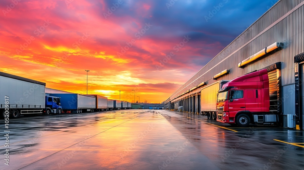Modern warehouse exterior with truck parking at sunset in Japan. AI generated illustration Modern warehouse exterior with truck parking at sunset in Japan. AI generated illustration