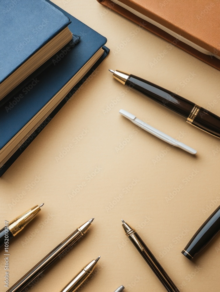 A collection of notebooks and pens arranged on a beige surface for writing or studying. A collection of notebooks and pens arranged on a beige surface for writing or studying.