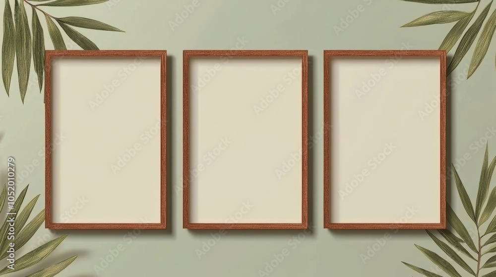 Set of three empty wooden frames on a green background with tropical leaves, ideal for showcasing artwork or s in a stylish setting. Set of three empty wooden frames on a green background with tropical leaves, ideal for showcasing artwork or s in a stylish setting.