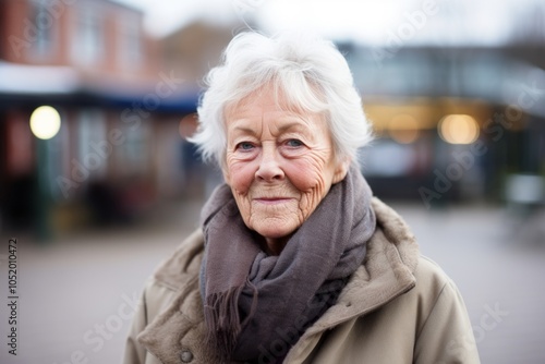 Portrait of senior woman in coat and scarf on the street.