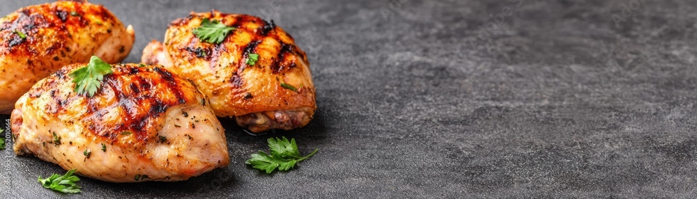 Grilled chicken breast garnished with fresh herbs, perfect for healthy meals or barbecue gatherings. High-quality food graphy for culinary use. Grilled chicken breast garnished with fresh herbs, perfect for healthy meals or barbecue gatherings. High-quality food graphy for culinary use.