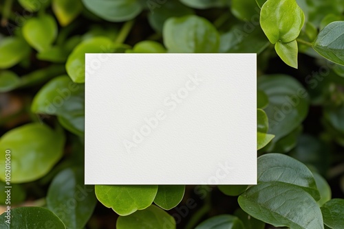 Minimalist blank card with greenery background for eco-friendly invitations designs. displayed against a lush. nature themes, product mockup. plant leaves, organic foliage, sustainable environment.