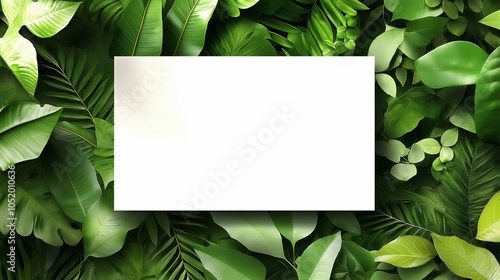 Minimalist blank card with greenery background for eco-friendly invitations designs. displayed against a lush. nature themes, product mockup. plant leaves, organic foliage, sustainable environment.