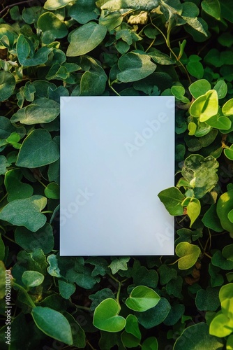 Minimalist blank card with greenery background for eco-friendly invitations designs. displayed against a lush. nature themes, product mockup. plant leaves, organic foliage, sustainable environment.