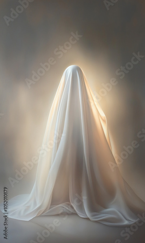 A haunting, minimalist stock photo featuring a faceless figure in flowing white fabric, softly illuminated to embody Halloween's mystery and the veil between worlds.
 photo