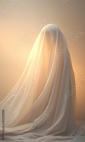 A haunting, minimalist stock photo featuring a faceless figure in flowing white fabric, softly illuminated to embody Halloween's mystery and the veil between worlds.
 photo