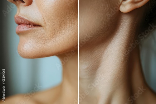 Split closeup of a womans neck, showing the tightening effects of a neck lift One side has sagging skin, the other firm and youthful Professional lighting